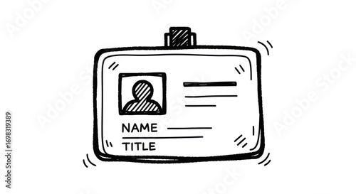 Hand-drawn illustration of a blank identification badge with photo and text fields.