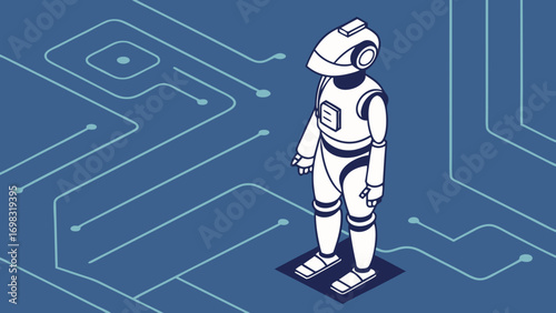 Futuristic robot stands circuit board background, showcasing blend of technology and design. robot features sleek, modern appearance with helmet