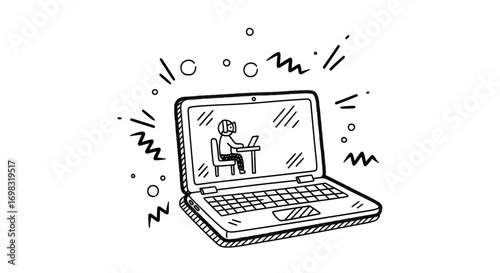 Hand-drawn illustration of a laptop displaying a person working at a desk.