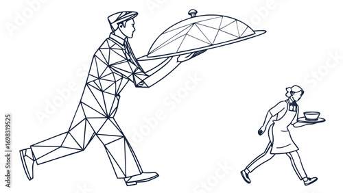 Stylized illustration of waiter carrying geometric serving platter while waitress walks with bowl, conveying sense of service and hospitality