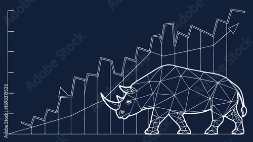 Abstract geometric illustration of bull market with stylized rhinoceros and upward trending graph, symbolizing growth and strength