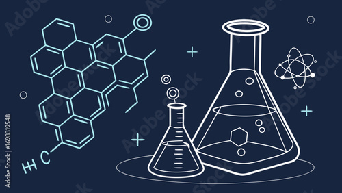 Chemical structures and laboratory equipment create captivating scene of scientific exploration and discovery