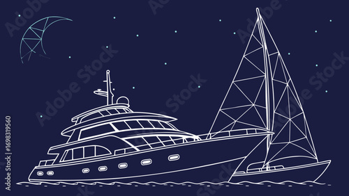 Abstract illustration of yacht and sailboat in dark blue night sky, featuring stars and crescent moon, evoking serene maritime atmosphere