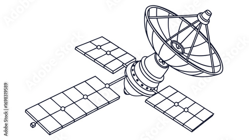 Communications satellite illustration featuring large dish antenna and solar panels, designed for space communication and data transmission