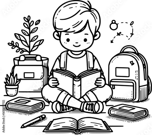 Black and white line art of a child reading book with school bag, minimalist learning illustration