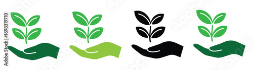 Green icons representing eco-friendly values with hands nurturing a sprouting plant. Includes both outline and solid versions, perfect for sustainable themes. Vector EPS 10