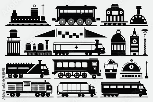 Black and white illustration various train transportation vehicles and railway infrastructure elements