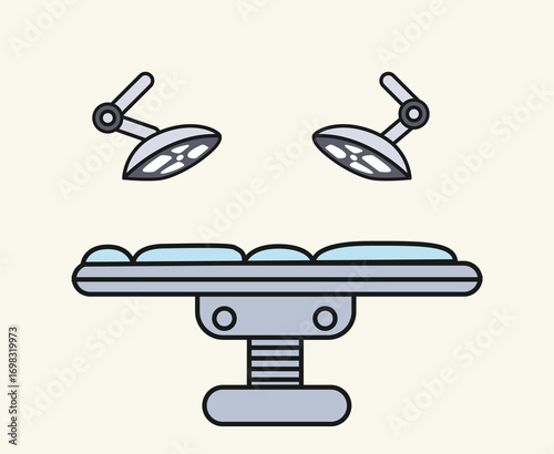 Illustration of a surgical table with two overhead operating lights in a sterile environment, depicted in a minimalist style.