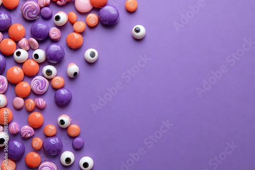 Halloween candy background with spooky googly eyes and colorful sweets on a purple surface with copy space.
