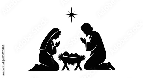 Silhouette of the Holy Family, Mary, Joseph, and baby Jesus, kneeling in prayer, Nativity scene.