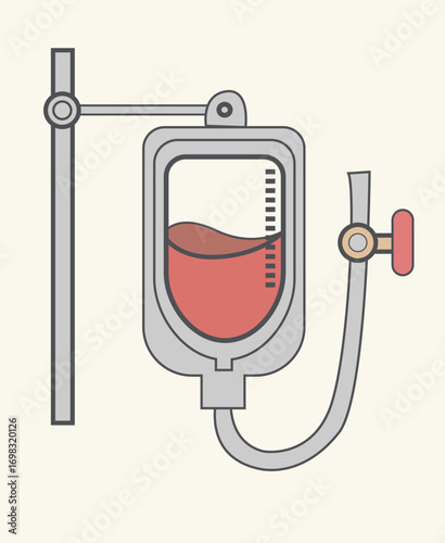 Illustration of an IV bag hanging on a stand, filled with a red liquid, connected to a tube with a valve.