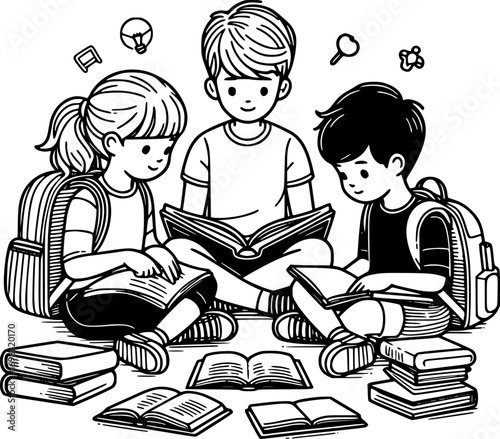 Black and white line art of three children reading books with school bags, teamwork and learning theme