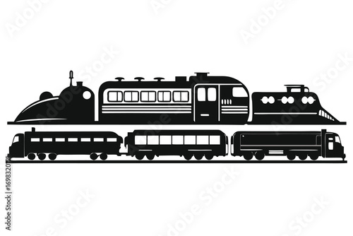 Black and white train silhouettes collection railroad transportation icons locomotive passenger cars freight cars