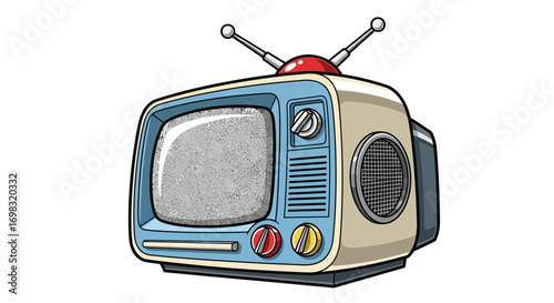 Cartoon illustration of a vintage television set, showing static on the screen.