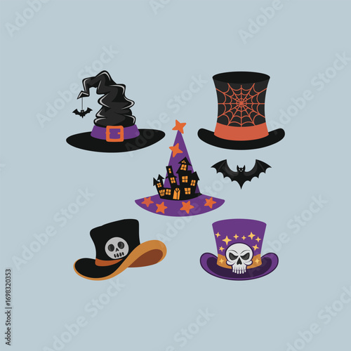 Halloween Witch Hats, Haunted House, Bat, and Skull Vector Set