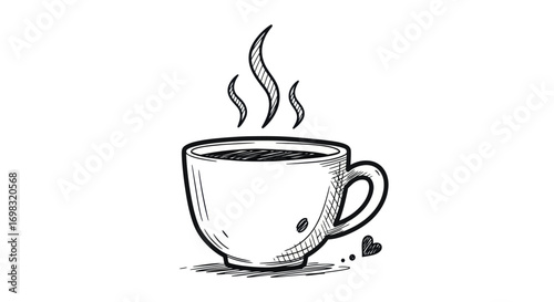 Hand-drawn sketch of a steaming cup of coffee with a heart detail.
