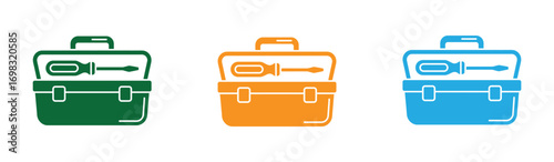 Professional toolboxes in vibrant green, orange, and blue showcase essential repair equipment for any repair or maintenance project, symbolizing readiness and efficiency.