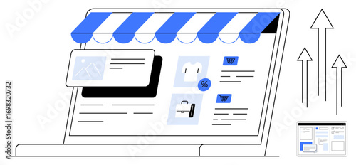 Laptop with storefront design, product images, discount label, and shopping icons. Arrows indicate growth. Ideal for e-commerce, online shopping, website design, marketing analytics sales simple