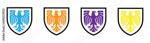 Dynamic eagle crests in vibrant blue, orange, purple, and yellow hues showcase strength and heritage for modern branding and design projects.