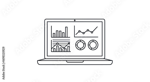 Line art laptop displaying data analytics charts and graphs.