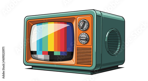A vintage television set displaying a colorful test pattern, isolated on white.