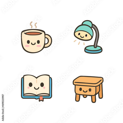 Four cute home icons on white background. Coffee, lamp deks, book, table
