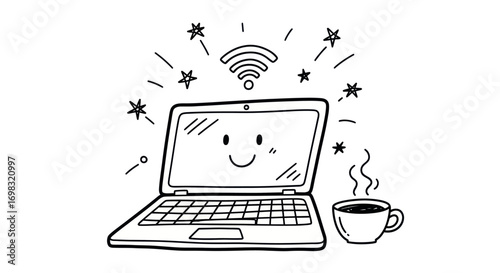 Cute Cartoon Laptop with Wifi and Coffee.