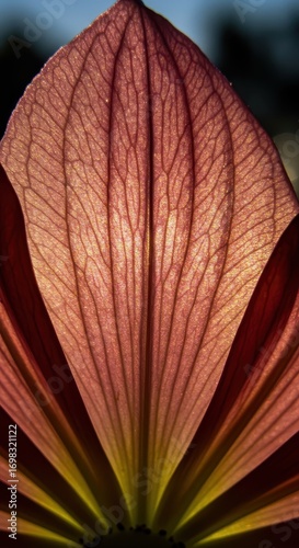 Detailed close-up view of a flower petal's intricate veins, radiating a vibrant array of rosy and golden hues.