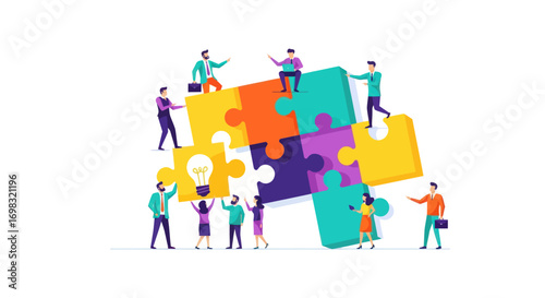 Team Assembling Colorful Puzzle Pieces with Lightbulb Symbol.