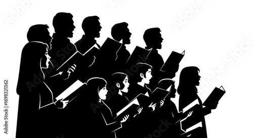 A choir of people in silhouette, reading from books and singing together.