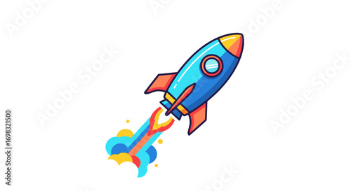 Colorful cartoon rocket ship launching into space with vibrant exhaust flames.