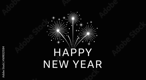 Elegant white fireworks burst against a black background, announcing a Happy New Year.