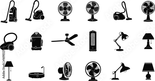 Household appliances silhouettes, vacuum cleaners, electric fans, desk lamps, ceiling fan, heater, robotic vacuum, modern home equipment, home cleaning tools, interior appliances.