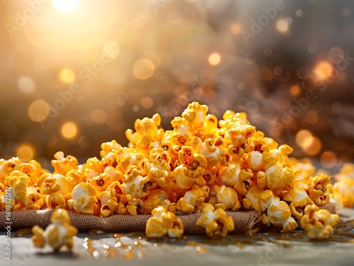 Pile of Caramel Popcorn with Warm Sunlight and Golden Bokeh Highlights on Dark Table