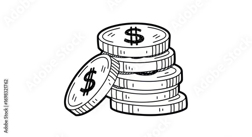 Stack of Dollar Coins with Dollar Sign, Hand-Drawn Style.