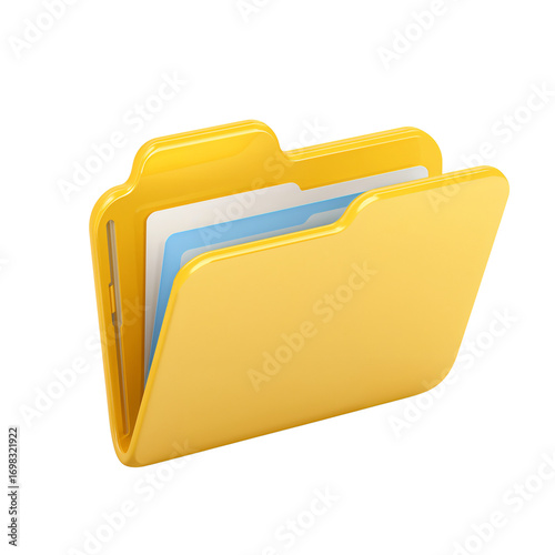 Vibrant yellow folder icon with documents on an isolated transparent display