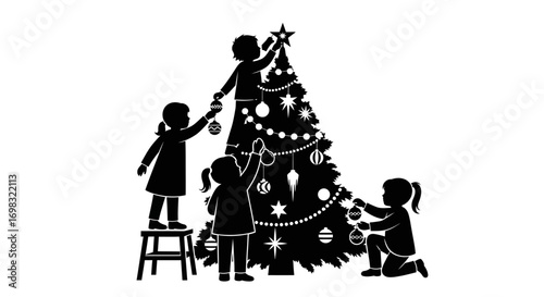 Children joyfully decorate a Christmas tree together, adding ornaments and lights for the festive season.