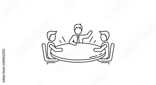 Business team meeting with a leader gesturing at a round table, minimalist line art icon.