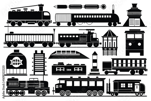 Collection of black and white train and railway icons transportation symbols railroad graphics