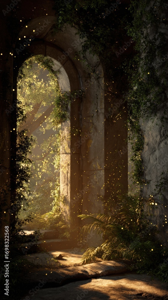 Obraz premium Sunlight filters through an ancient stone archway overgrown with lush greenery and softly falling particles.