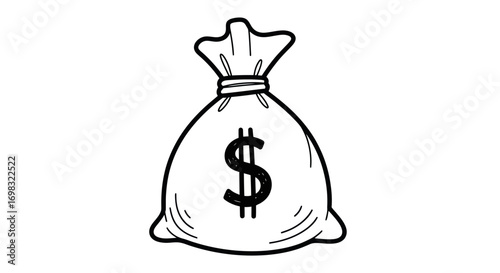 A simple black and white line art illustration of a tied money bag with a dollar sign.