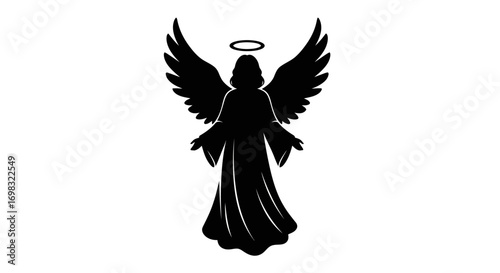 Silhouette of an angel with outstretched wings and halo, a classic religious symbol.