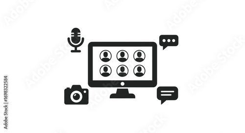 Black Icon of Video Conference on Computer Screen.