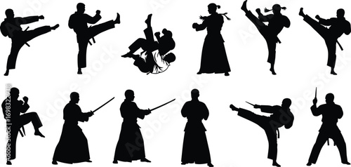 Martial arts silhouettes showing karate, judo, aikido fighters performing kicks, punches, sword techniques, self-defense moves, traditional uniforms, and training poses.