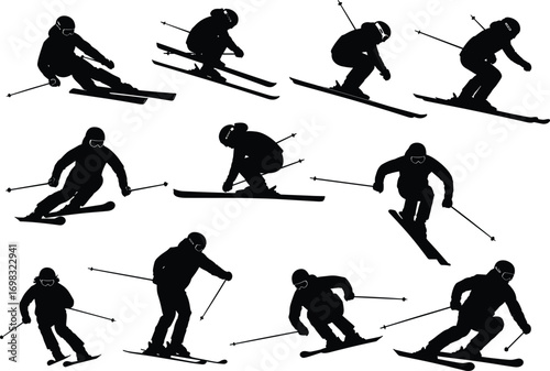 Skiing silhouette vector set, winter sport activity, skier action poses, downhill skiing graphic, extreme snow sport illustration elements