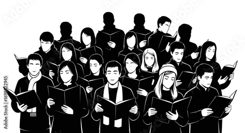 A choir of people, silhouetted and holding open songbooks, are singing together in unison.
