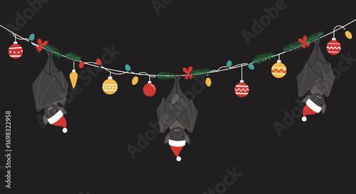 Bizarre background or illustration of bats with Santa caps, for New Year's decor and festive graphic designs