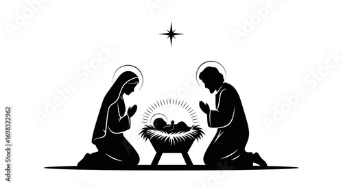 Silhouette of Mary and Joseph kneeling before baby Jesus in a manger, with a star above.