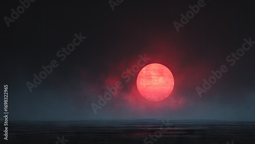 Mysterious Red Sun Setting Over a Dark and Foggy Ocean Horizon.