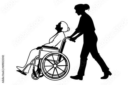disable old woman on a wheel chair and nurse with it silhouette